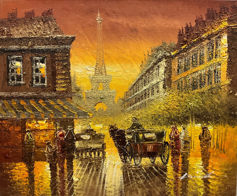 Oil  painting 20x24” Eiffel Tower Paris, France,people walking,yellow warm tones