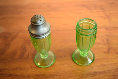 Vintage Hazel Atlas Uranium Glass Salt and Pepper Shakers Green Depression Glass
