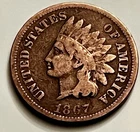 1867 Indian Head Cent Penny VG-F Sharp Strike Scarce Date Strong Detail JC1787