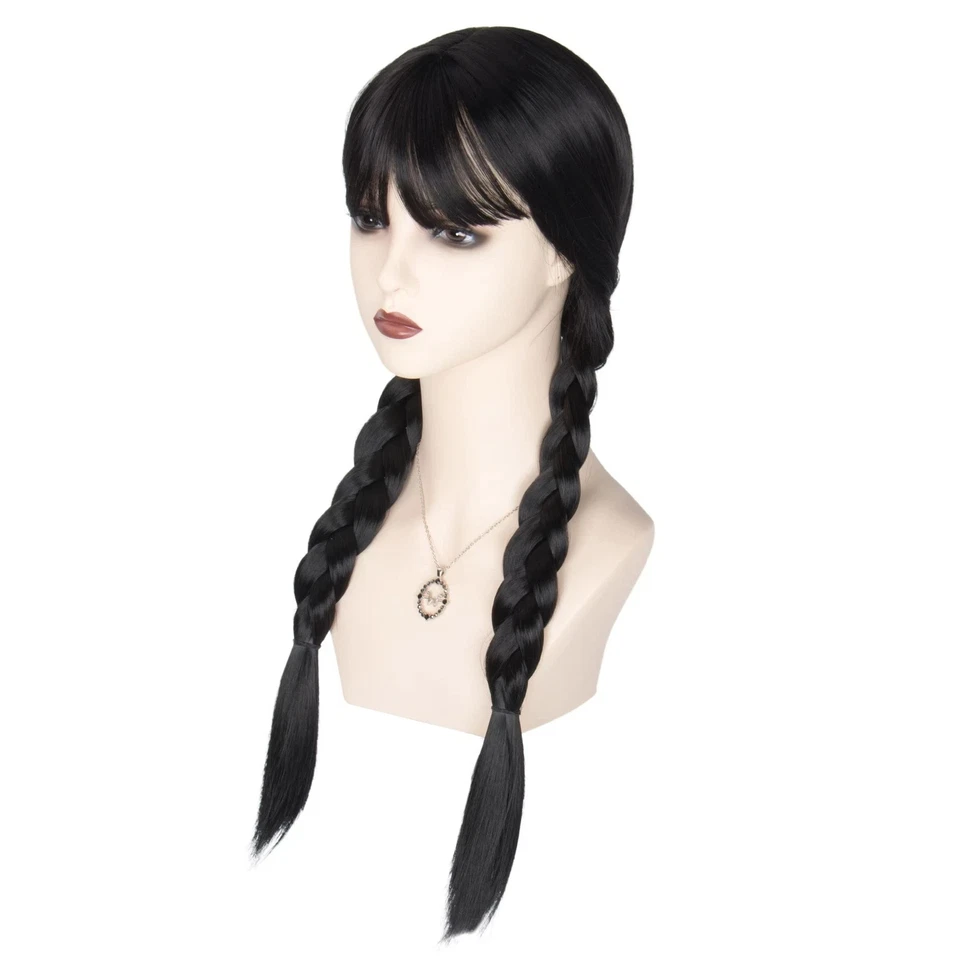 Mujeres Niñas Peluca Larga Negra Trenzas con Flequillo Largo Recto Coletas Peluca para A... Foto 2 de 4