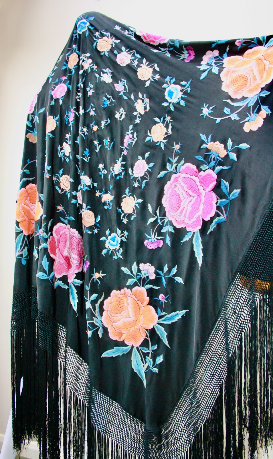 Antiguo mantón de piano flamenco español Mantón de Manila de seda, peonías,