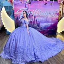 Lilac Princess Quinceanera Dresses 3D Lace Appliques Prom Ball Gowns Sweet 15 16