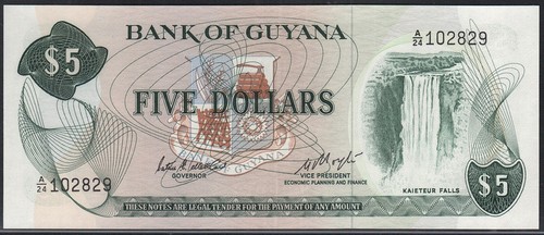 1983 Bank of Guyana, $5 Five Dollars, Matthews-Hoyte, Pick-22d, Legacy 65 UNC - Picture 3 of 4