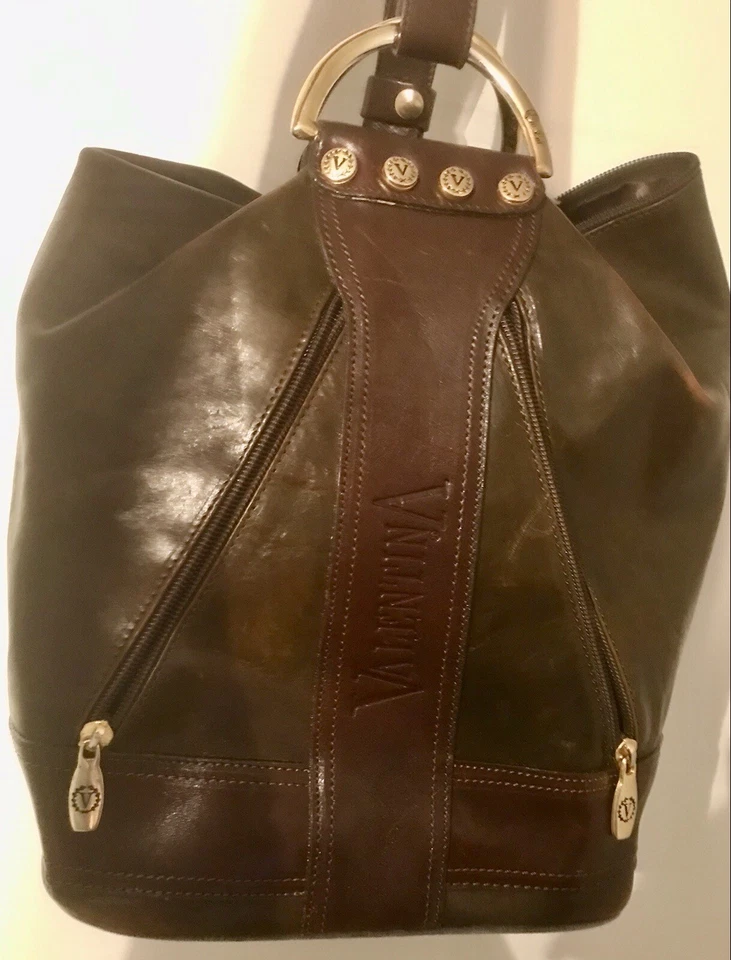 Bolso Cubo Valentina Cuero Marrón Oscuro Genuino Hecho en Italia Foto 4 de 4