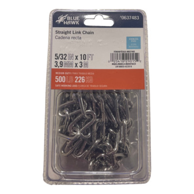 Blue Hawk 5/32'' x 10ft Straight Link Chain Stainless Steel 500LB Medium Duty
