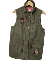 Jolt Womens Military Style Utility Vest L Green Embroidered Roses Zip/Snap Front
