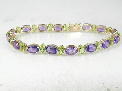 Tennisarmband 12 kt ovales laborgefertigtes Amethyst-Peridot 14 K Gelbgold plattiert