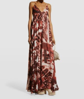 $1230 Just Cavalli Women's Brown Festival Print Chiffon Maxi Dress Size 44