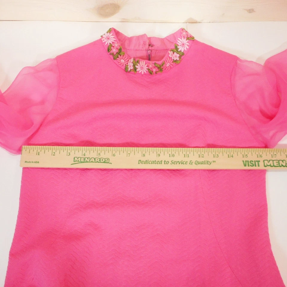 Vintage 70s Handmade Pink Dress Long Sheer Sleeves Floral Collar XS Bust 33" - Image 4 of 4
