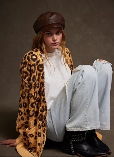 Free People State Side Cardigan Knit Button Ribbed Leopard Yellow Combo S NEW - Picture 2 of 6
