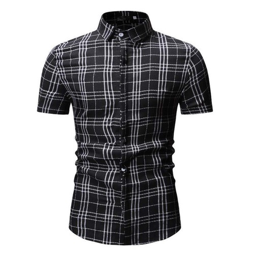 Men's Casual Plaid Short-Sleeved Shirt: 85% Cotton, Stand-Up Collar, Regular Fit - Picture 19 of 20