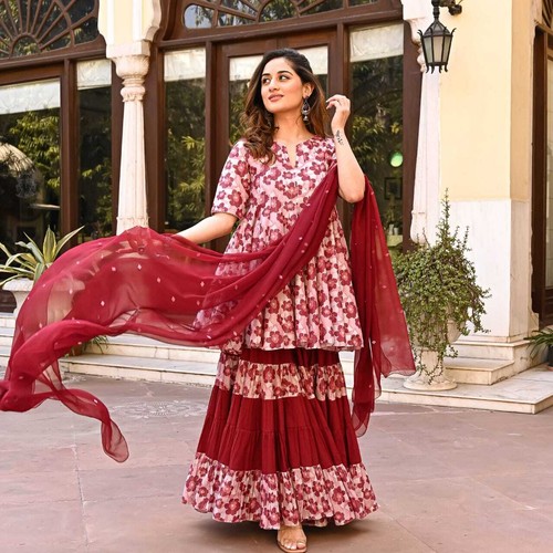 Conjunto de 3 piezas de Kurta de algodón étnico indio Bollywood para mujeres niñas con pantalón y dupatta - Imagen 4 de 7