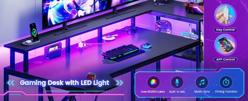 Black Gaming Table Home Office PC Computer Desk With LED Lights & Monitor Stand - Picture 12 of 20