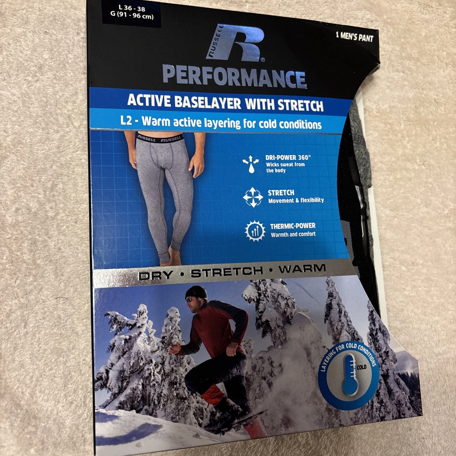 NWT Russell Performance Men’s Sz. Lg.36-38 Pants Active Base Layer W/Stretch/win