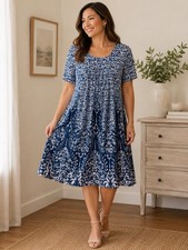 NEW Blue White Damask Print Swing Midi Dress Boho Coastal Flowy Casual Medium