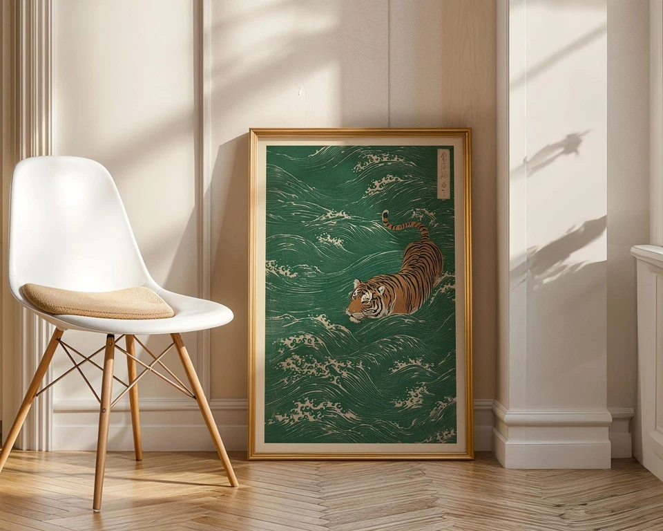Japanese Tiger Poster – Minimalist Wave Art Print, Oriental Wall Decor Gift - Image 2 of 4