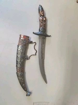 Vintage Arabic Style Brass Curved Decorative Dagger and Sheath