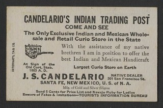 Santa Fe NM: c.1920s J.S. CANDELARIO'S INDIAN TRADING POST Trade/Business Card