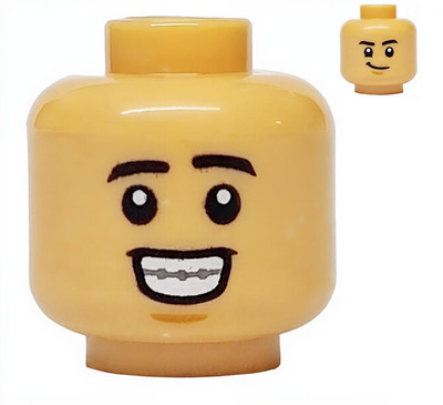 LEGO Medium Tan Male Minifigure Head Dual Sided Black Eyebrows Braces Smirk Grin