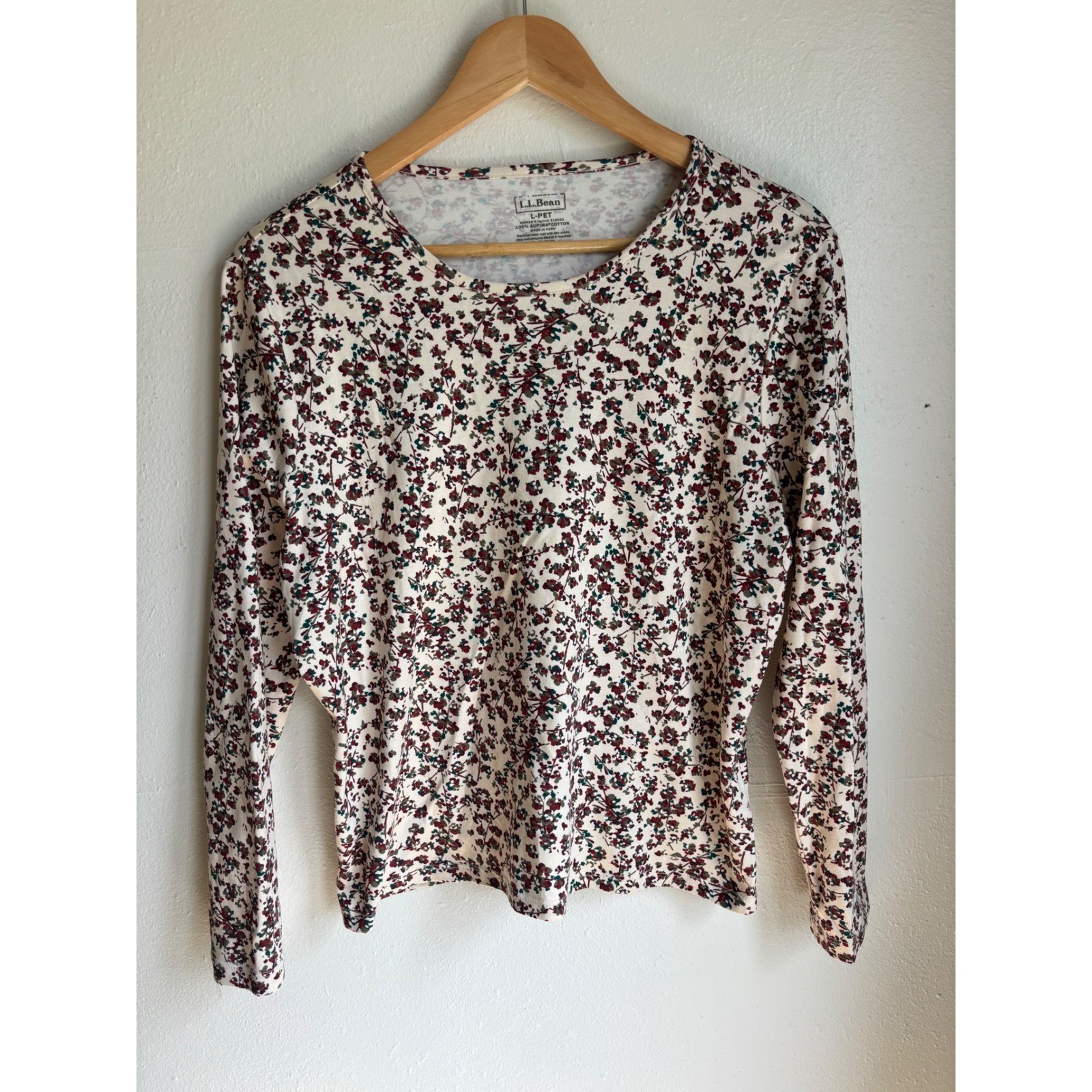 LL Bean Womens Large Petite Supima Cotton Floral Long Sleeve Top 519020 Cream
