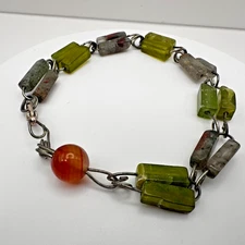 Vintage Mixed Stone Bracelet Serpentine Jade Jasper Carnelian Wire Link Boho Y2K