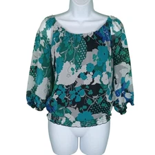 AB Studio Women's Smocked 3/4 Sleeve Floral Print Overlay Top Size Medium