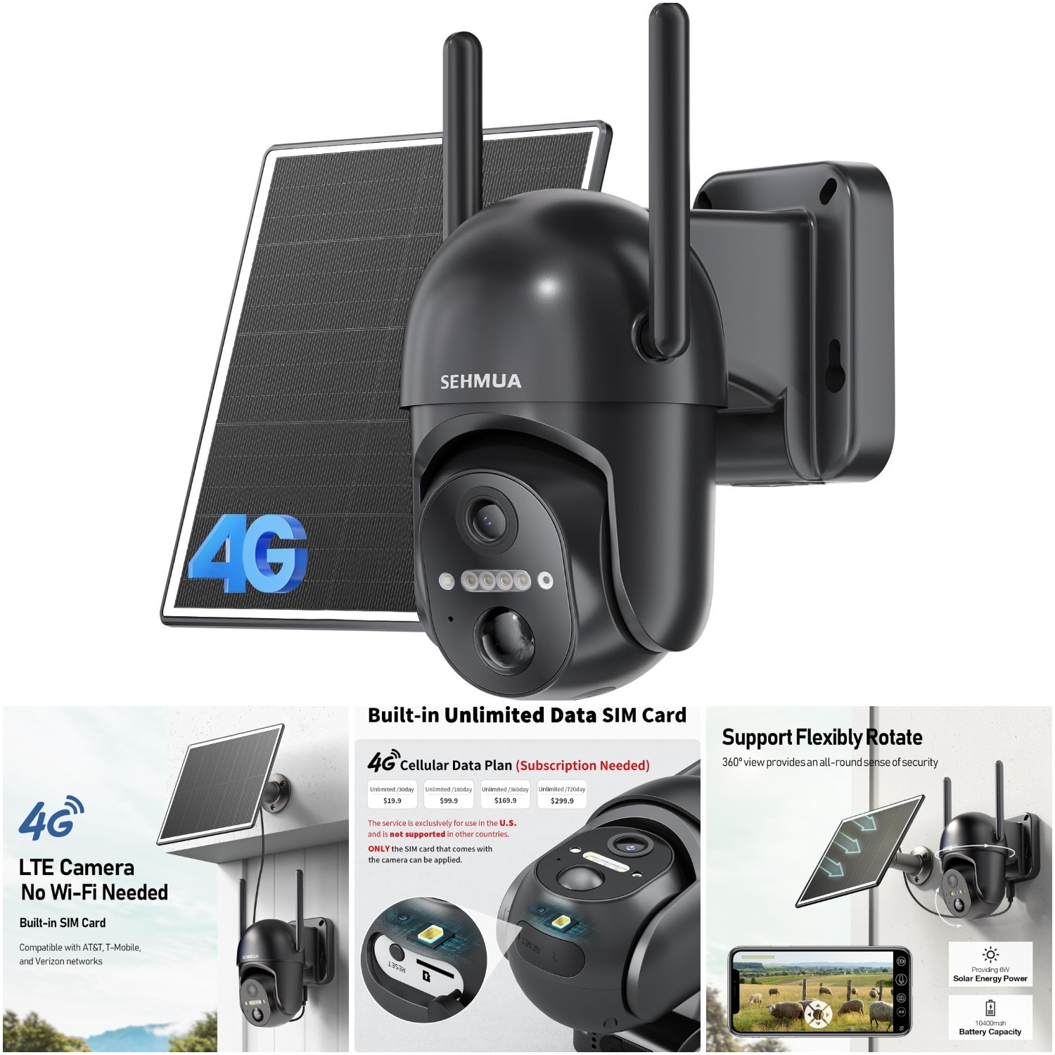 1 Pack Solar Powered Outdoor Security Camera 360&deg; Live View