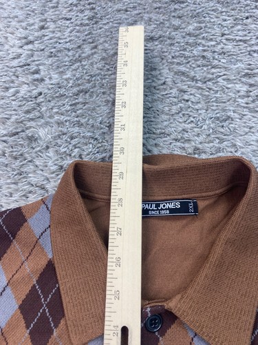 Paul Jones Sweater Mens 2XL Brown Argyle Diamond Polyamide Golf Polo Pullover - Picture 7 of 9