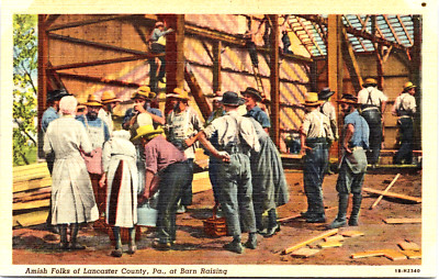 VTG Linen Postcard Amish Folks of Lancaster County, Penn. at Barn Raising