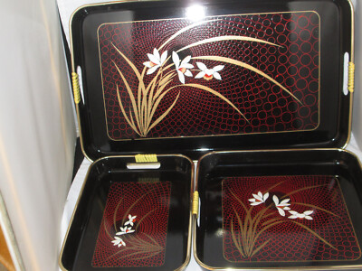 ◆インテリア◆トレイ◆3点◆mojoo◆D-2602IN19◆ Vintage 3 Pc Nested Lacquerware Black Floral Tray Set Made In