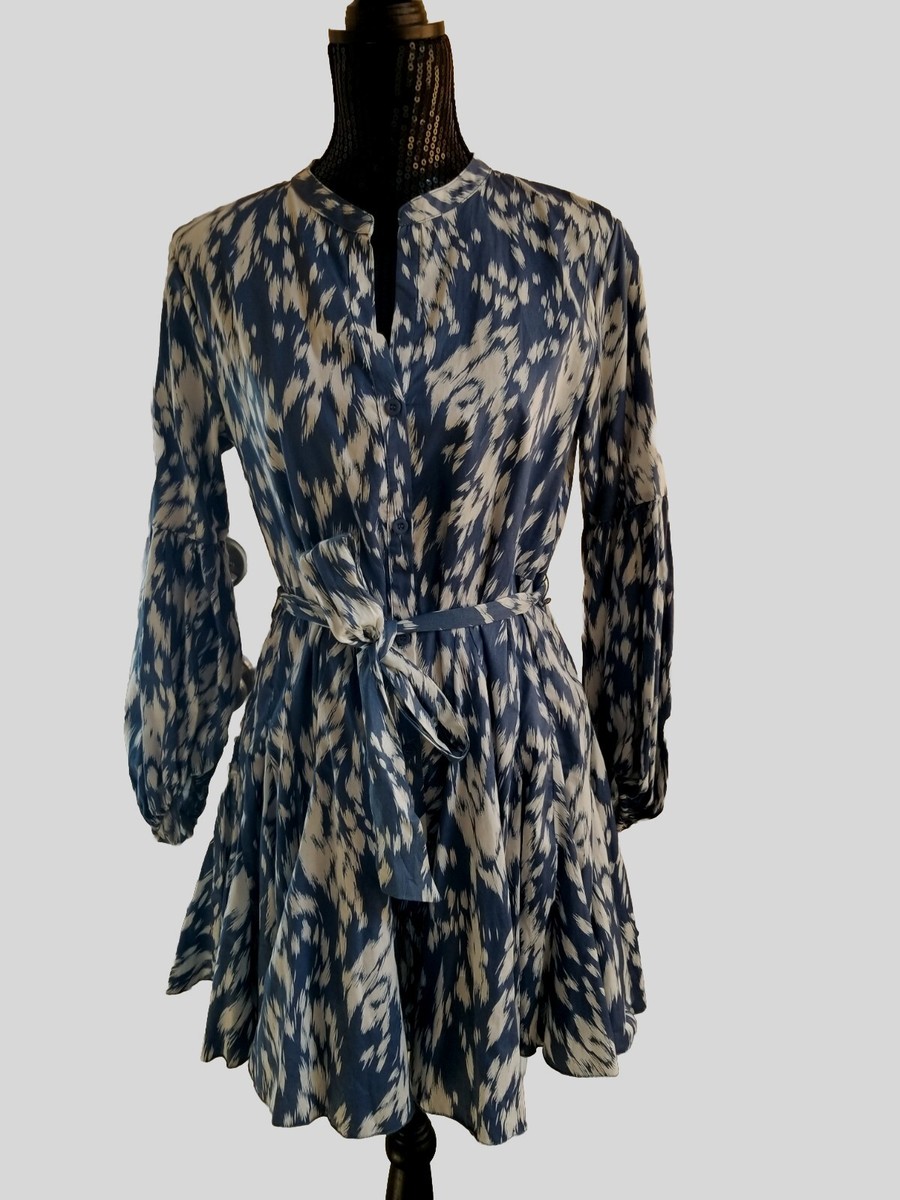 Bobbles & Lace Paula Blue & White V Neck Button Up Mini Dress Tie Waist Sz  Small