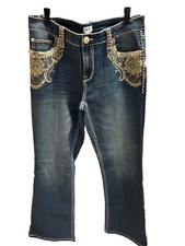 Cache Blue Jeans Women's Size 10 Embroidered Gold Floral Designs.