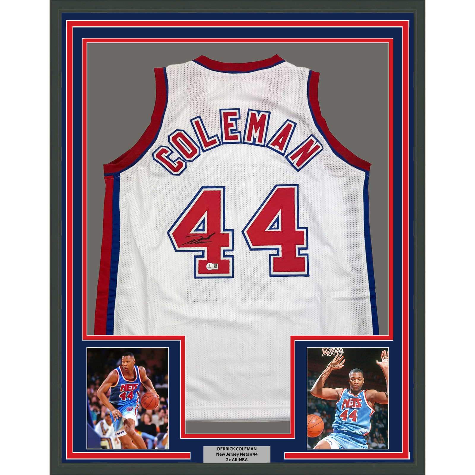Derrick Coleman Autographed Signed New Jersey Nets Framed / 35x39 New Jersey White Jersey BAS COA 