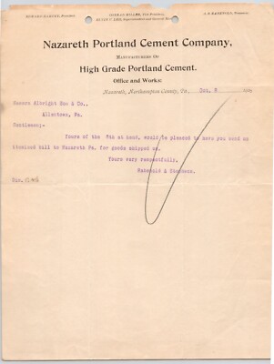 1900 Nazareth Portland Cement Co High Grade Portland Cement Letterhead