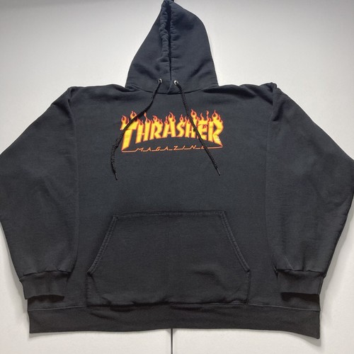 Vintage Thrasher Magazine Skateboarding Flames Logo Black Hoodie Mens XL