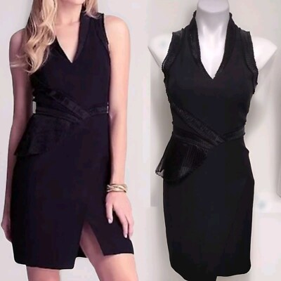 Bebe Black Cocktail Dress Pleated Ruffle Faux Wrap Sleeveless Formal Party US 4