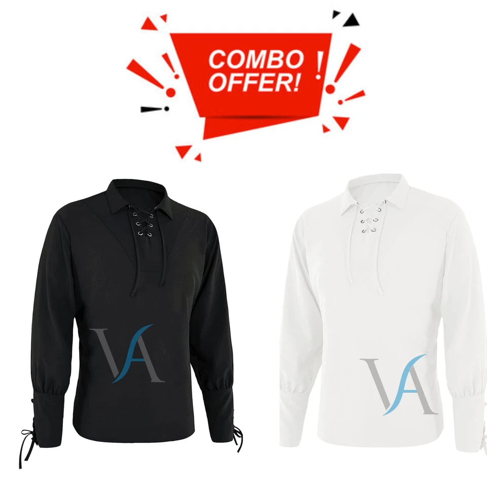 Shirts Mercenary Scottish Wide Cuff Shirt Halloween Cost Medieval Lace Up Pirate - Image 3 of 4