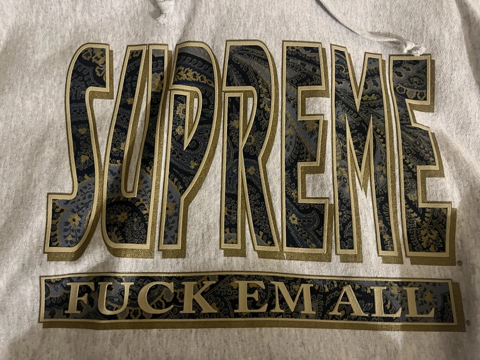 Supreme FuckEm Todo Paisley Logo Gris Ceniza Sudadera con Capucha Temporada FW17 Foto 4 de 4