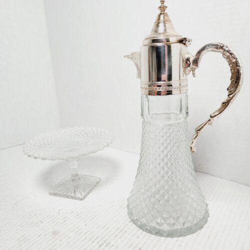 Crystal & Silver-Plate Claret Bottle Pitcher Decanter Leonard Silver Mfg + Stand - Picture 2 of 21