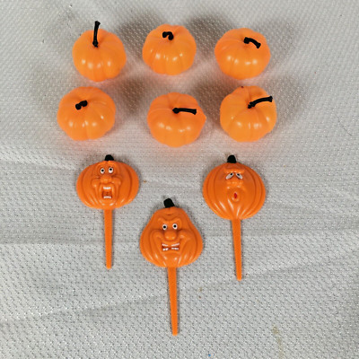 Set of 9 Vtg Halloween Jack-o-Lantern Pumpkin Holiday Cake Toppers Picks Orange