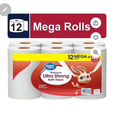Great Value Bath Tissue 12 Mega Rolls Ultra Strong Thick & Absorbent White