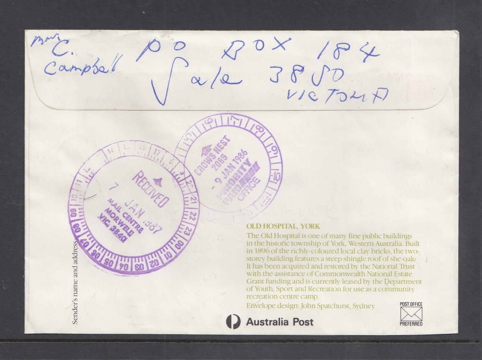 Australia 1987 POSTED INCORRECTLY OR TOO LATE Handstamp Priority Cover