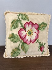 Vintage Hand Made Needlepoint 12 x 12 Pink Floral Decorative Throw Pillow