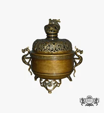 Antique Signed Bronze Two Piece Incense Burner w/Dragon Motif