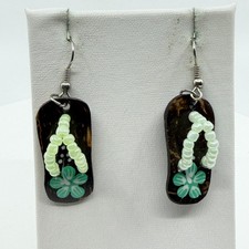Earrings Flip Flop Dangle Brown Coconut Shell Green Beaded Flower Boho Tropical