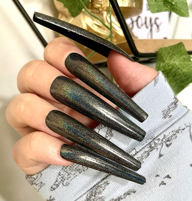 Super Long 3XL Black Holo Press On False Nails | Reusable 20 Full Cover Nails