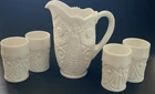 Vintage Valtec Kemple Milk Glass Pitcher And Set Of 4 Cups Diamond And Star
