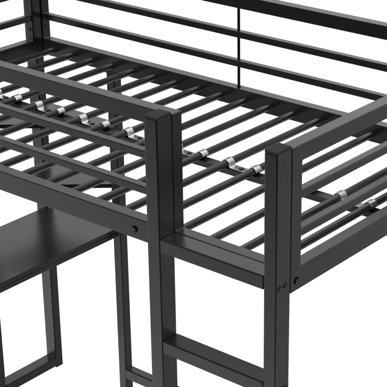 Twin/Full Size Metal Loft Bed Frame with Desk & Storage Shelves for Teens Black