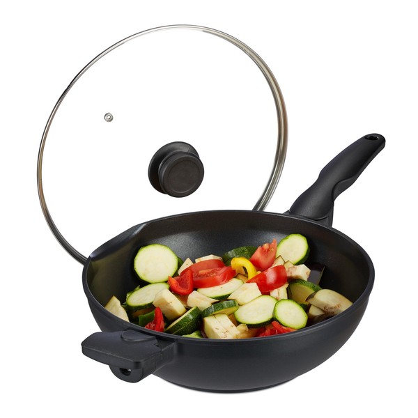 Wok Wokpfanne Mit Deckel Induktionspfanne Aluguss Pfanne 4 L Schwarz Aluguss Wok-image