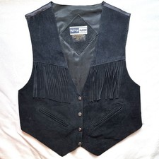 Vintage Mona Mode Genuine Leather Black Fringe Tassel Button Vest M Pockets